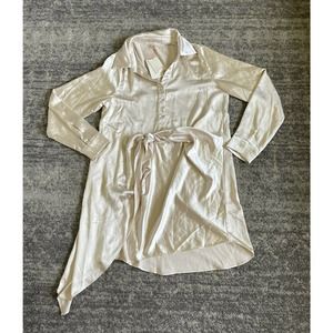Skies Are Blue Womens XS Dress Beige Tie Silky Collared Button Down Short NWT N3
